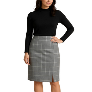 Pencil Fine Worsted Wool Checkers Tailored Gray Plaid Midi Skirt Side Slit Sz.12